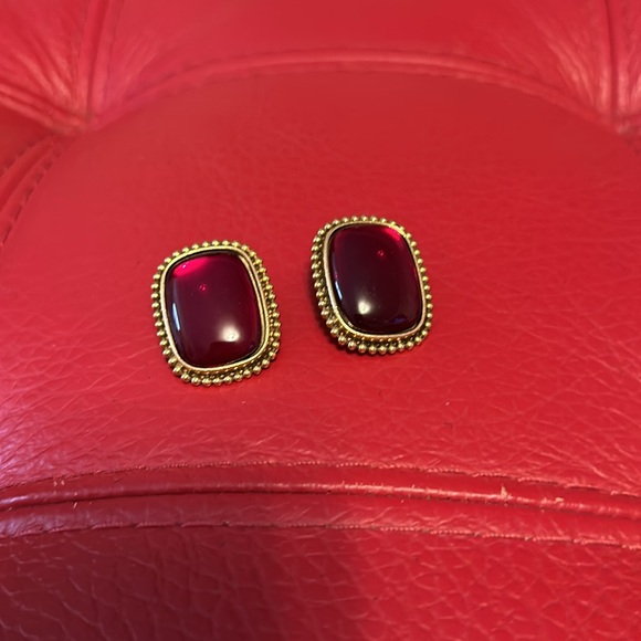 Yves Saint Laurent rectangle with red cabochon center clip earrings - Picture 2 of 14